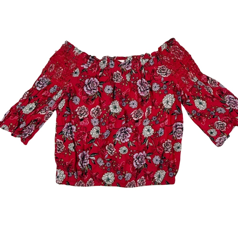 SO Floral Off The Shoulder Crop Top Women Small Red Floral Boho Smocked Festival